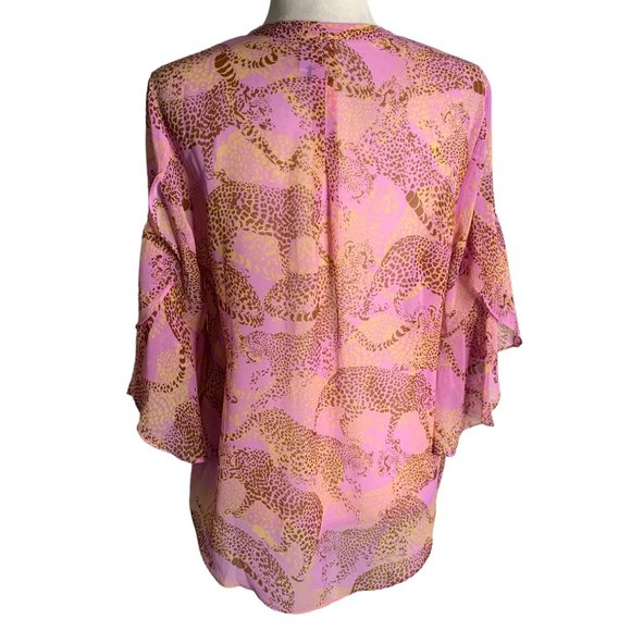 Cabi Leopard Minx Sheer Blouse Top M Lilac Flutter Half Sleeves Button Up - Picture 5 of 7